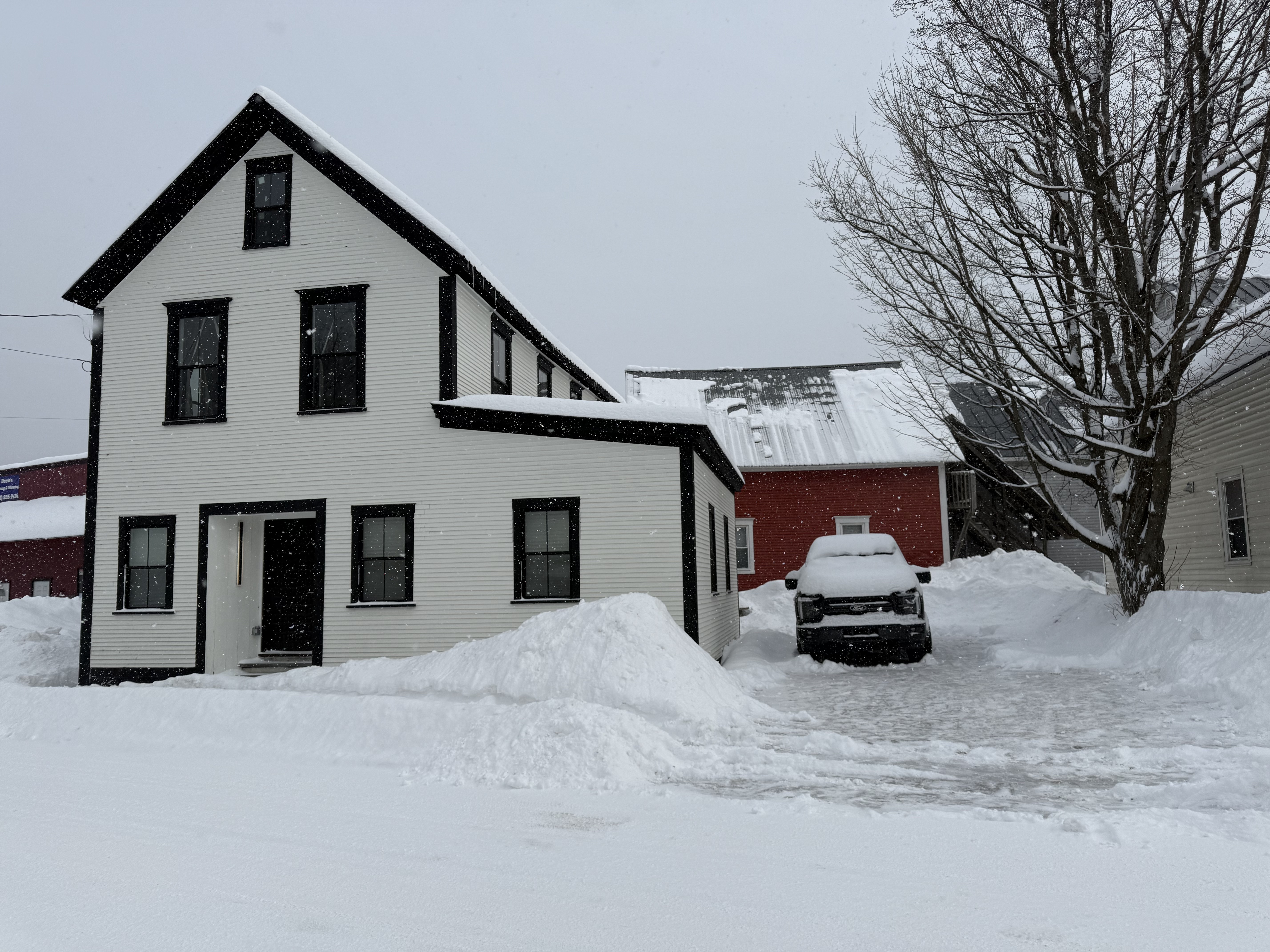 The Grange exterior in snow