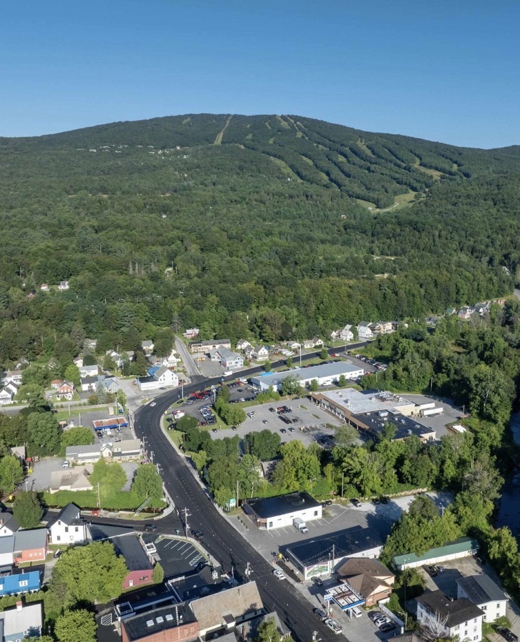 Aerial view of Ludlow with Okemo Mountain in the background
